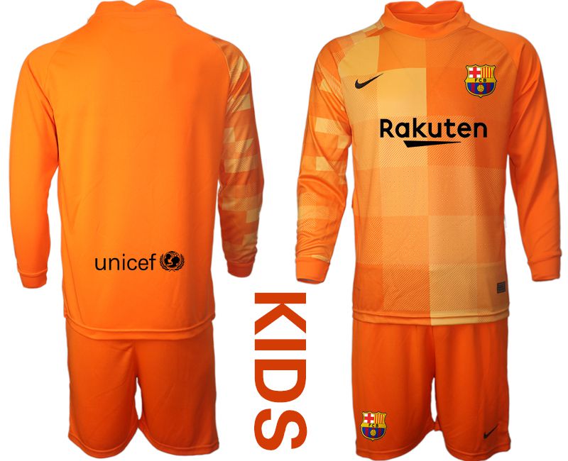 Youth 2021-2022 Club Barcelona orange red goalkeeper long sleeve blank Soccer Jersey->youth soccer jersey->Youth Jersey